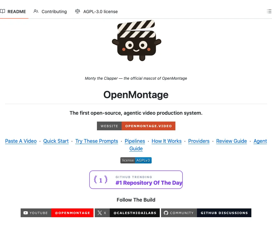 README for OpenMontage, with its clapperboard mascot Monty the Clapper