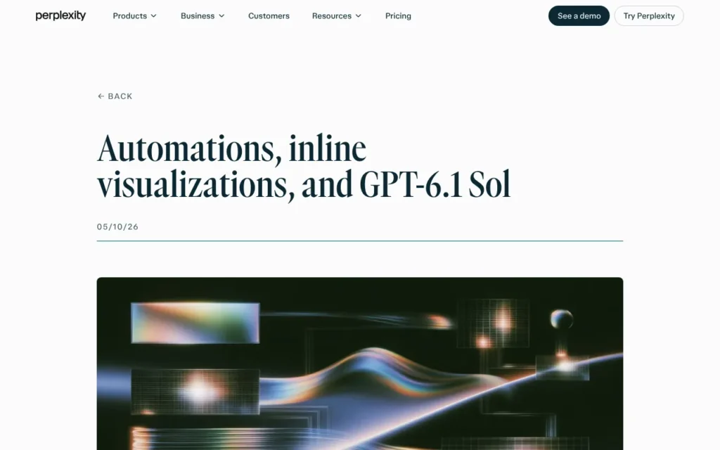 Perplexity changelog announcing Automations for Perplexity Computer, inline visualisations and GPT-6.1 Sol