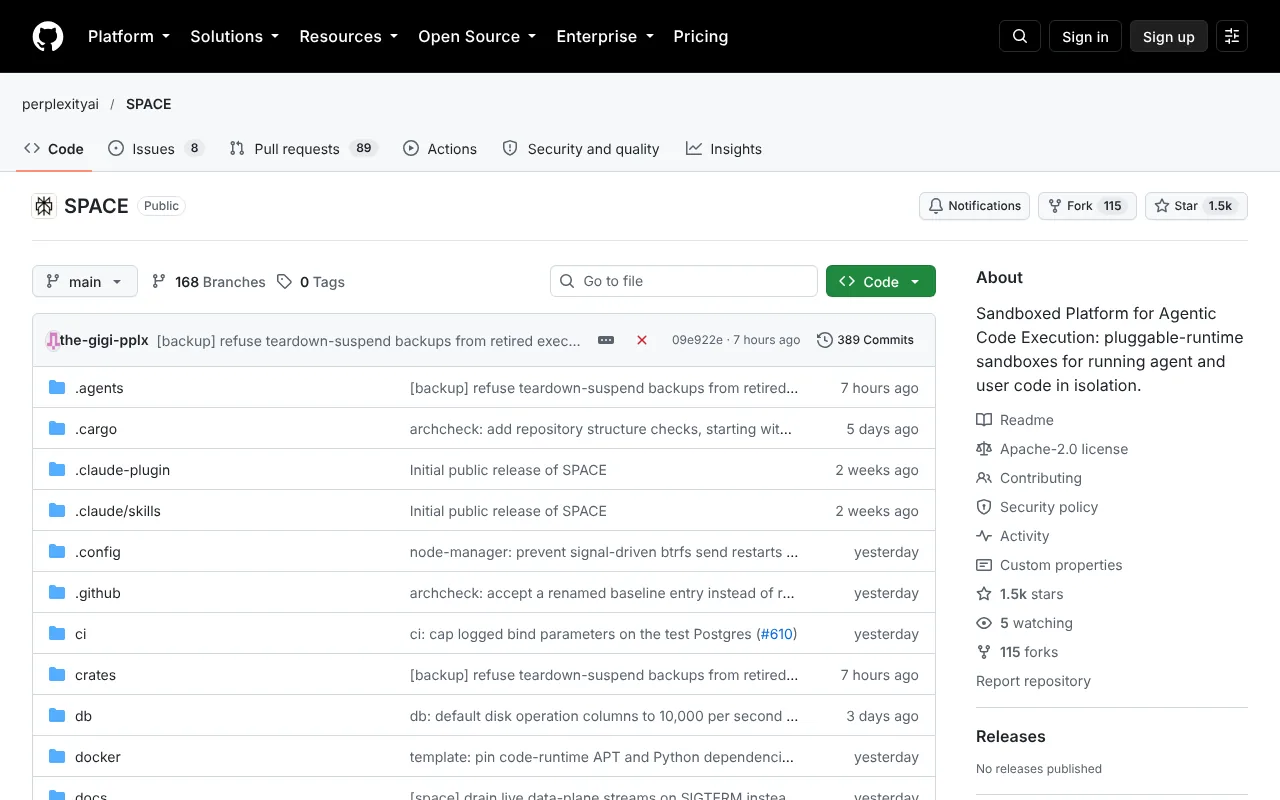 Perplexity SPACE repository on GitHub, the open-source sandbox behind Perplexity Computer sessions