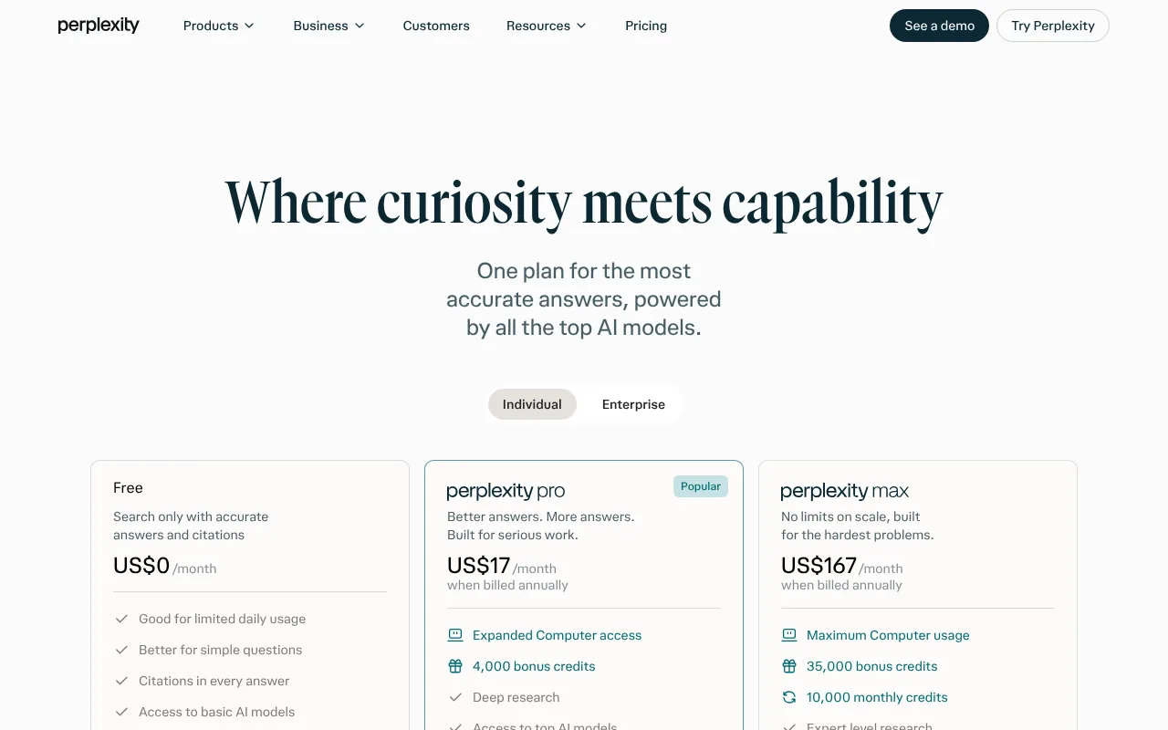 Perplexity pricing page comparing Free, Pro and Max plans and Perplexity Computer credits