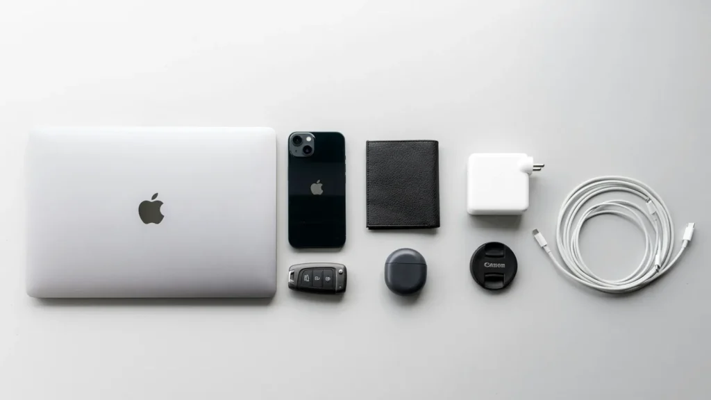 A MacBook, iPhone, charger and cables laid out on a white surface