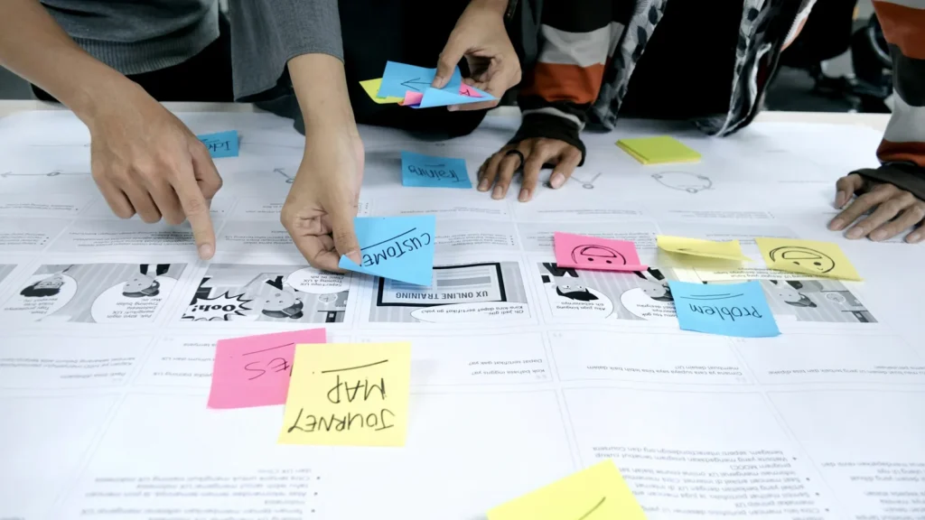 A team planning work with sticky notes