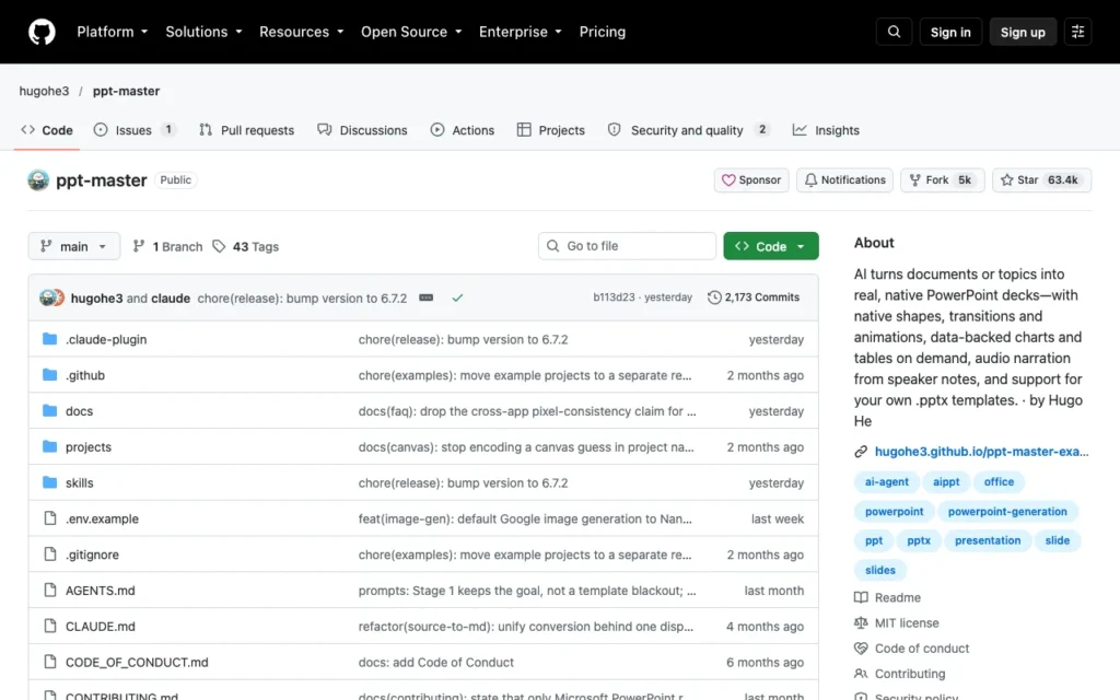 GitHub page for hugohe3/ppt-master, a skill that makes native PowerPoint decks