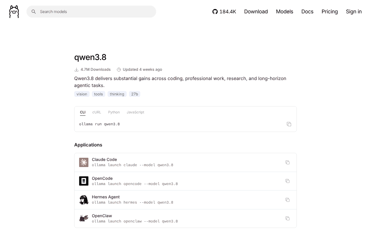 Ollama's library page for Qwen 3.8, showing 4.7M downloads, the vision, tools and thinking tags, the ollama run qwen3.8 command and launch commands for Claude Code and OpenCode