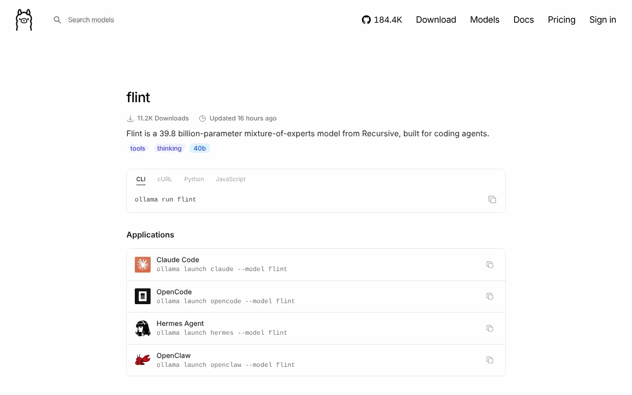 Ollama library page for Recursive Flint showing the ollama run flint command, 11.2K downloads and launch commands for Claude Code, OpenCode, Hermes Agent and OpenClaw.