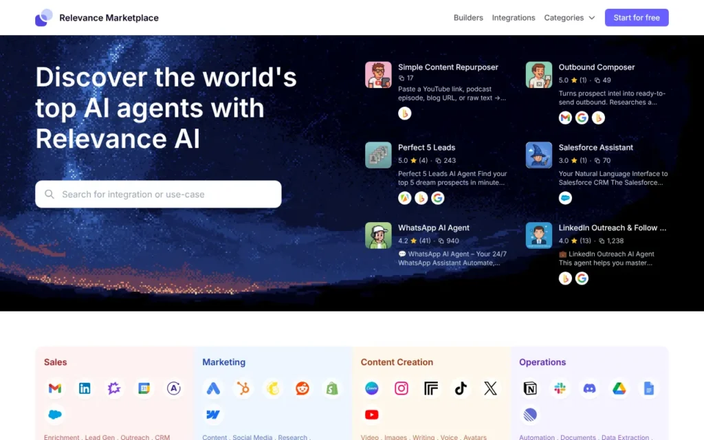 Relevance AI Marketplace home page, October 2026