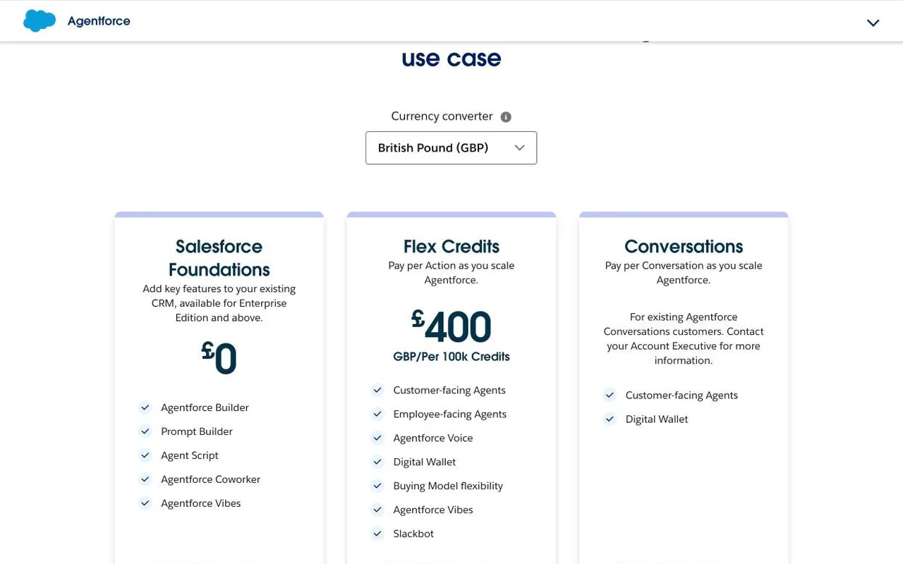Agentforce pricing UK page showing Foundations at £0 and Flex Credits at £400 per 100,000 credits