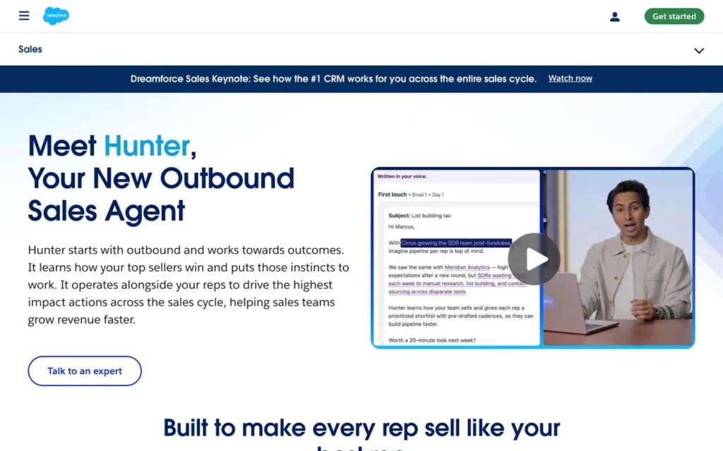 Salesforce Hunter product page introducing Hunter, the AI outbound sales agent in Sales Cloud