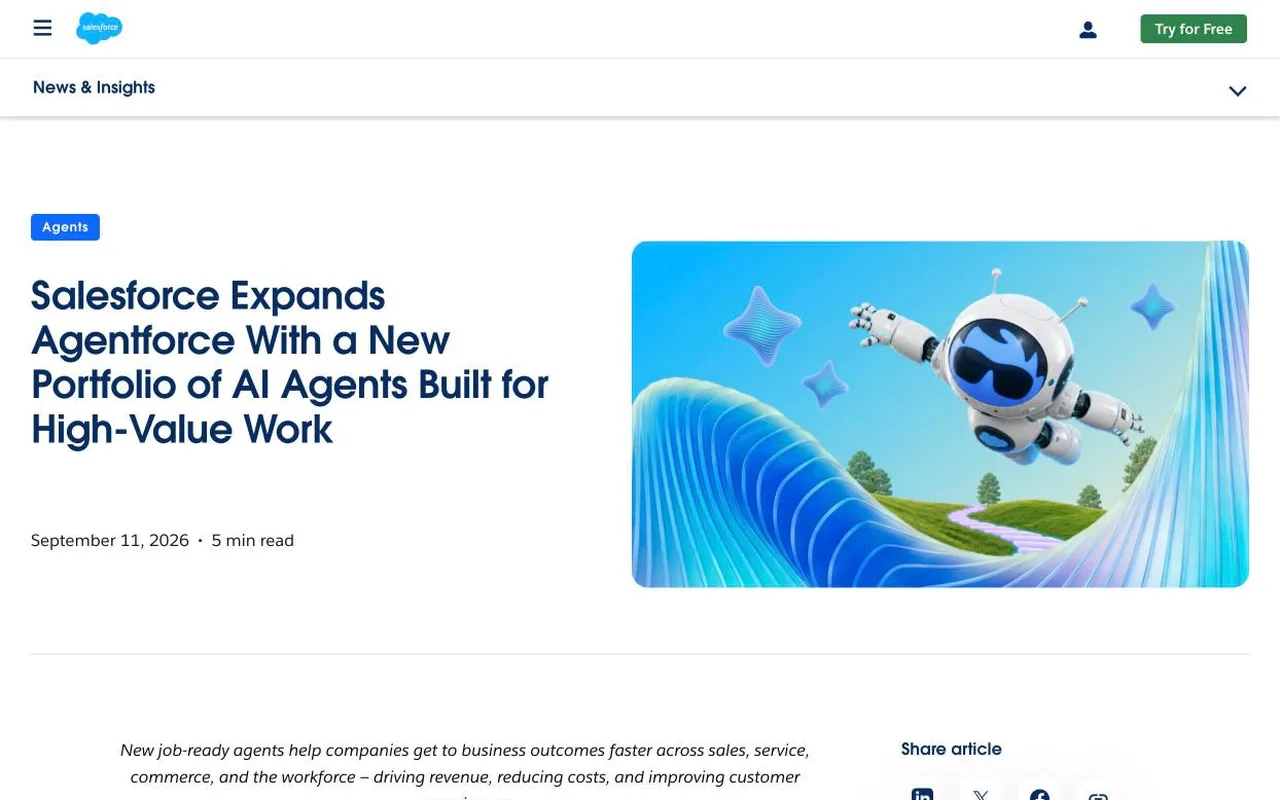 Salesforce press release listing the Hunter outbound sales agent as a pilot with general availability planned for November 2026