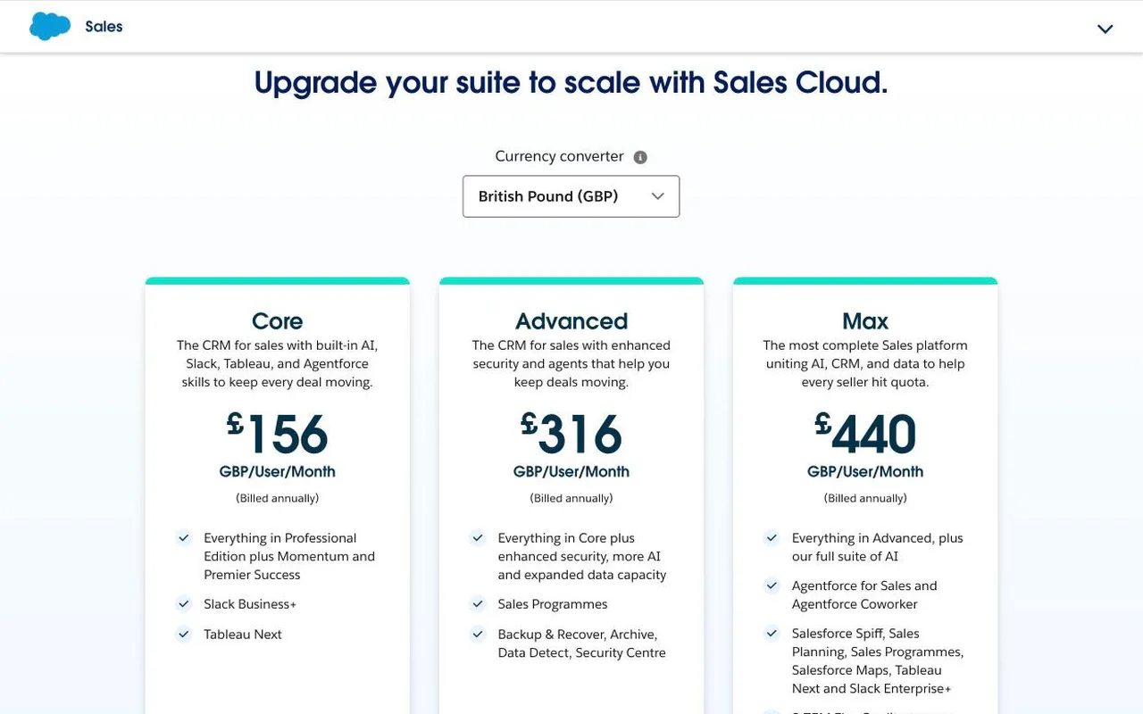 Salesforce Sales Cloud UK pricing page showing Core at £156, Advanced at £316 and Max at £440 a user a month
