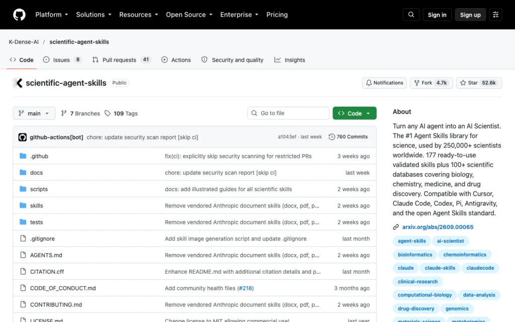 GitHub page for K-Dense-AI/scientific-agent-skills, 177 science and research skills