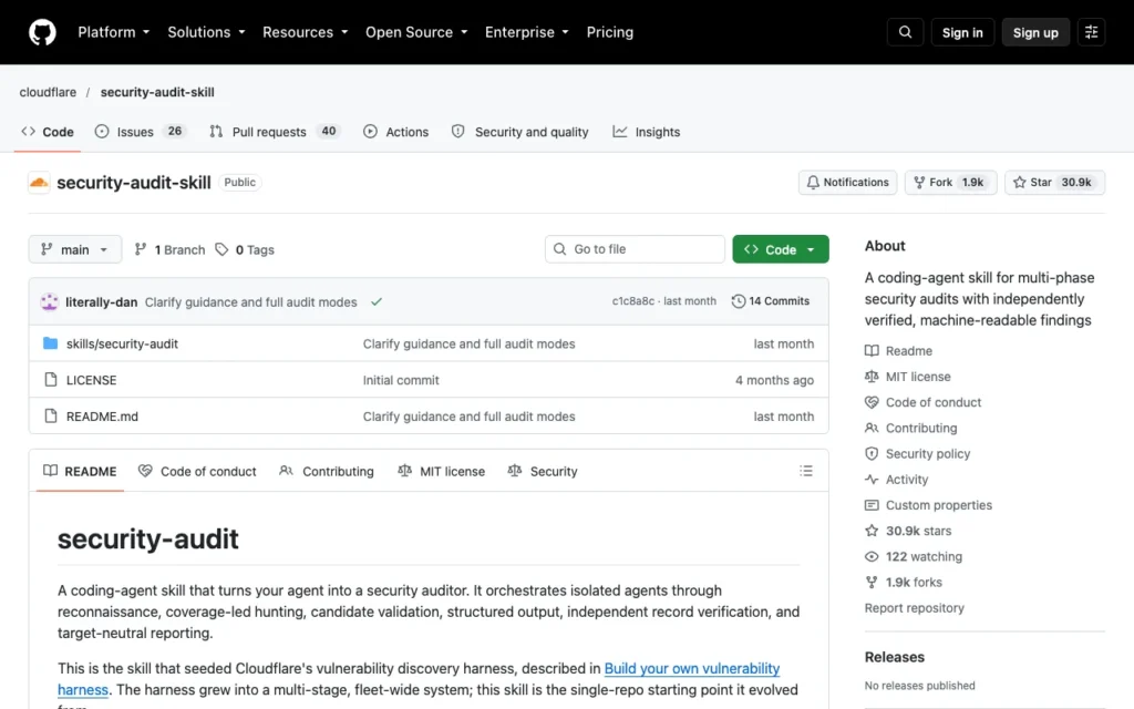GitHub page for cloudflare/security-audit-skill, Cloudflare's security audit skill