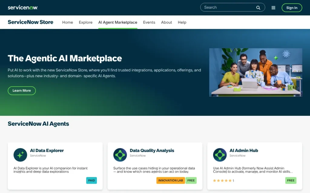 ServiceNow AI Agent Marketplace page, October 2026