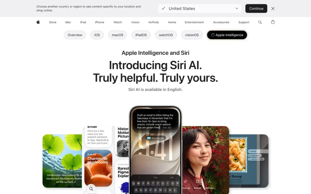 Apple UK Apple Intelligence and Siri page introducing Siri AI, the new Siri in iOS 27