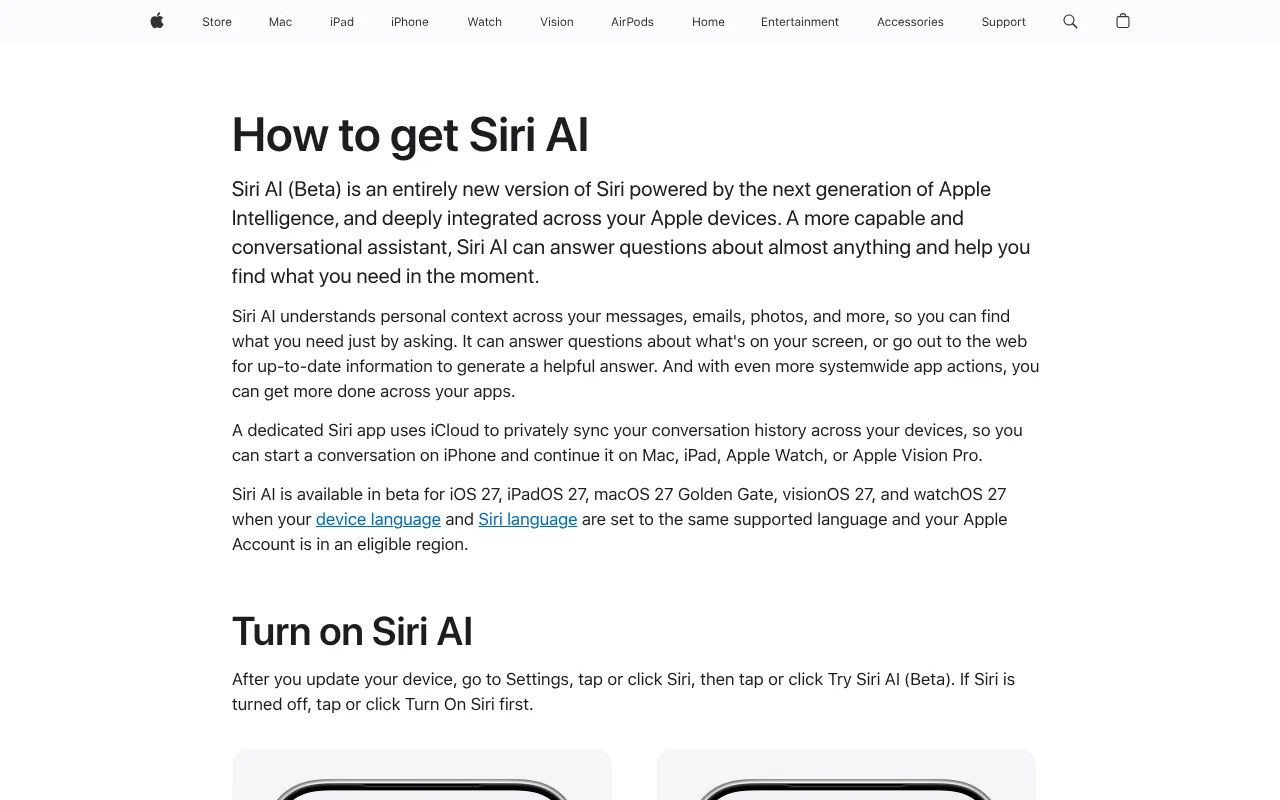 Apple Support UK page explaining how to get Siri AI and turn on Try Siri AI (Beta) in Settings