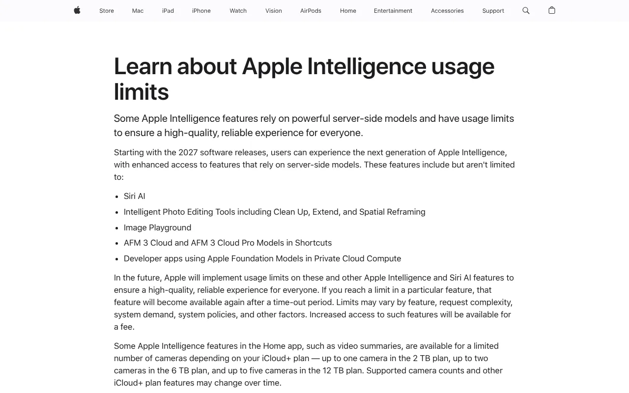 Apple Support page on Apple Intelligence usage limits, showing whether Siri AI is free