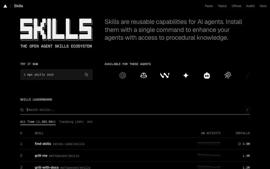 skills.sh all-time leaderboard of agent skills, led by find-skills and Matt Pocock's grill-me