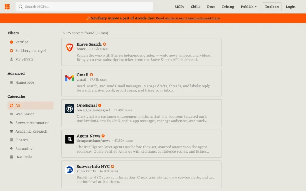 Smithery marketplace home page, October 2026