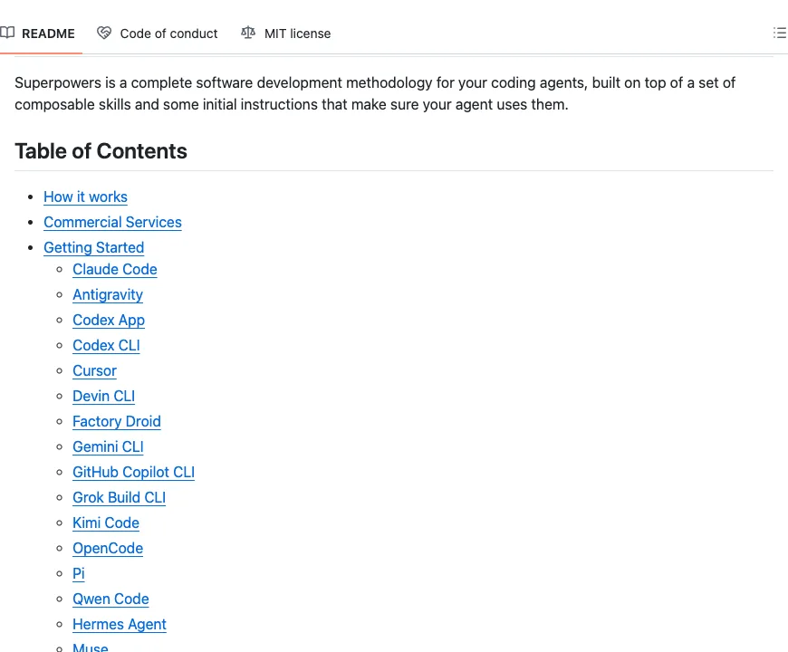 README for Superpowers: a development method for coding agents, with install guides for 16 agents