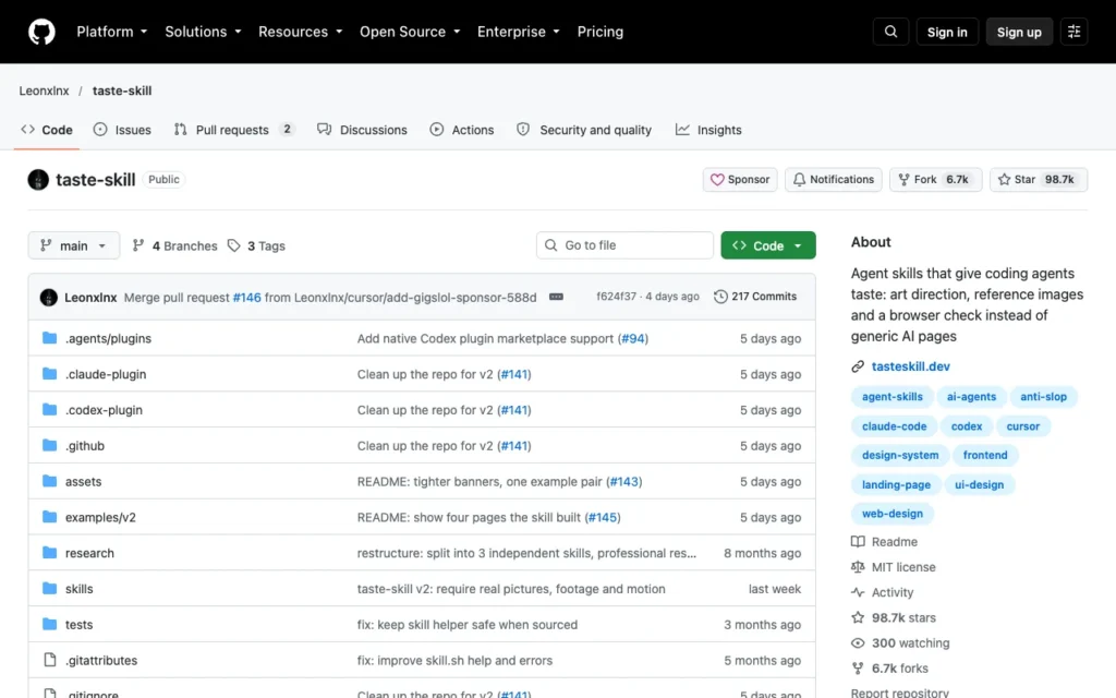 GitHub page for Leonxlnx/taste-skill, art direction skills for frontend agents