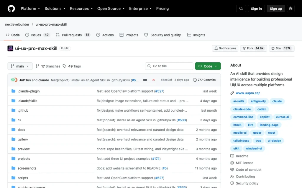 GitHub page for nextlevelbuilder/ui-ux-pro-max-skill, a searchable design database for agents