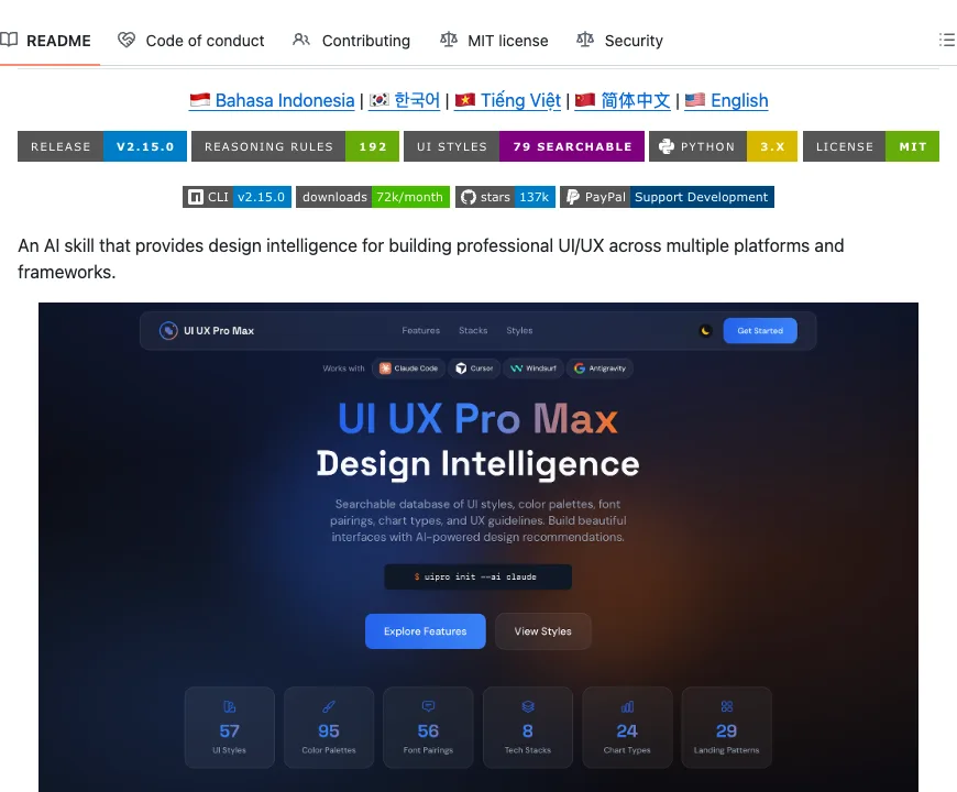 README for UI UX Pro Max: searchable UI styles, colour palettes and font pairings
