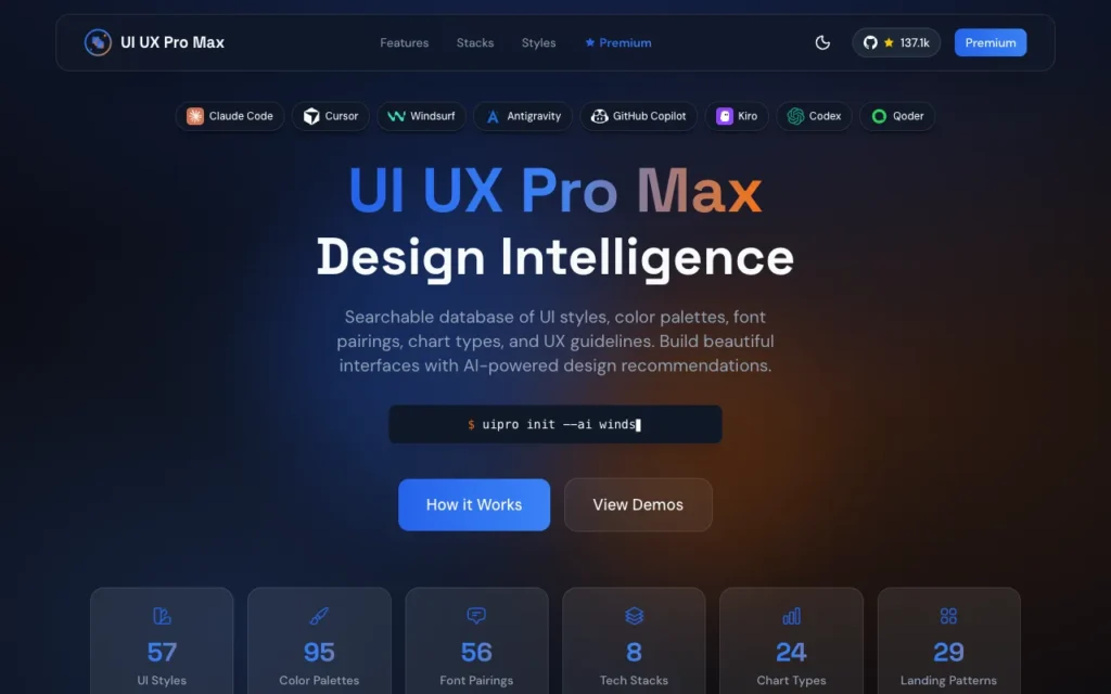 uupm.cc: UI UX Pro Max Design Intelligence, with counts of styles, palettes and font pairings