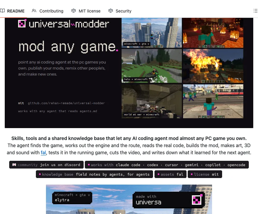 README for universal-modder: mod any game, with Minecraft and GTA V screenshots
