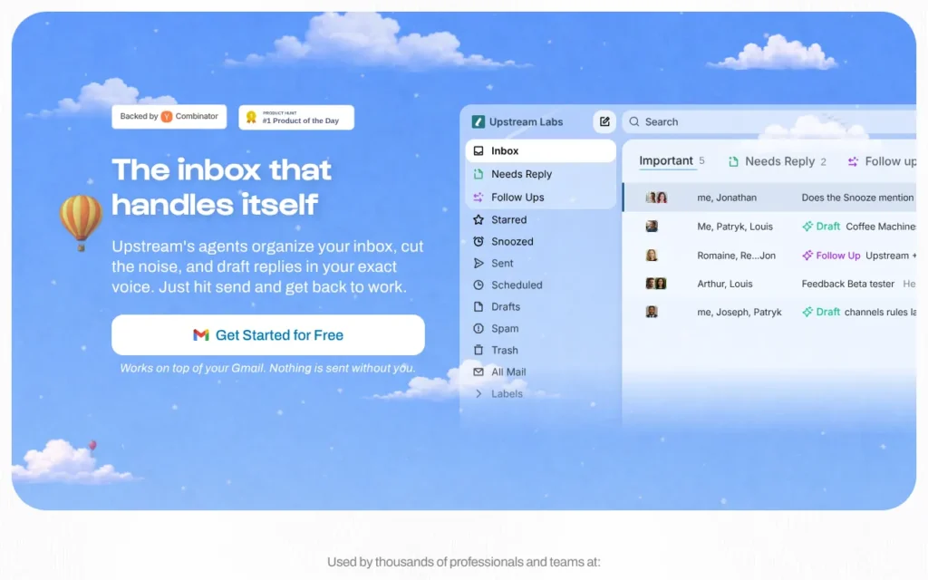Upstream website: an AI inbox for Gmail that drafts in your voice