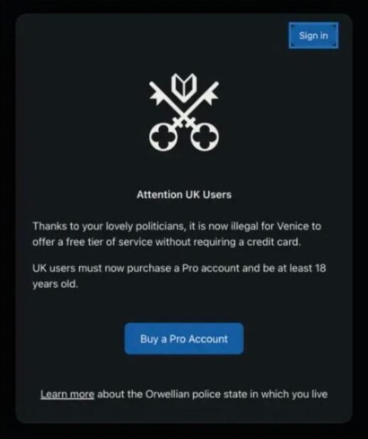 Venice AI notice to UK users saying a Pro account and credit card are now required under the Online Safety Act